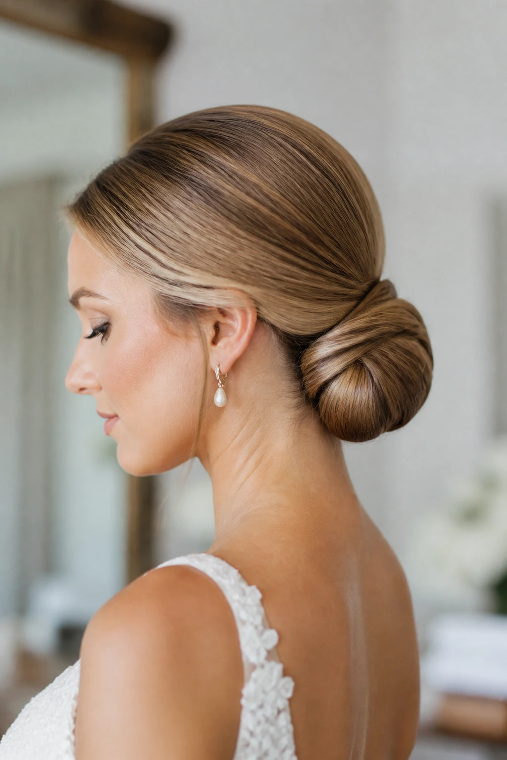 Close-up of a real bride with a sleek low chignon at the nape