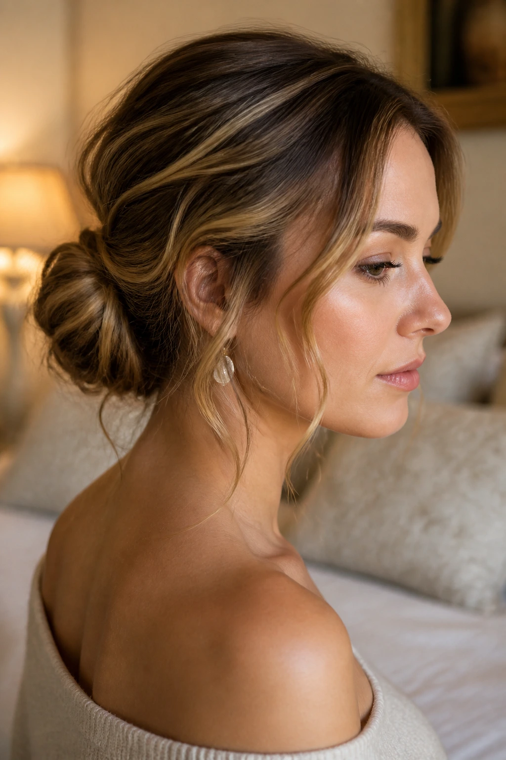 Real woman with a low chignon and wavy wisps around the ears.