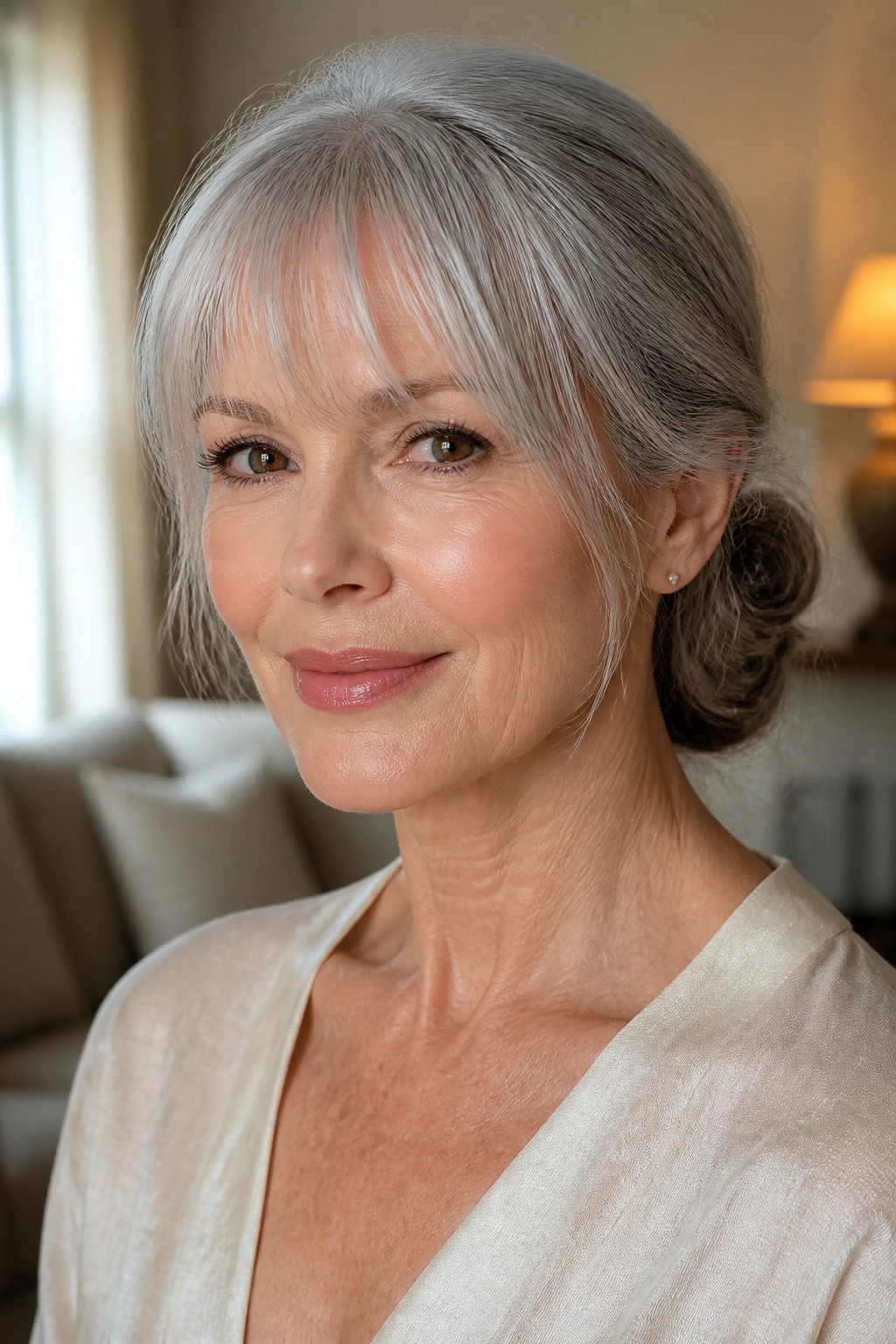 Close-up of a woman with a low chignon and wispy fringe