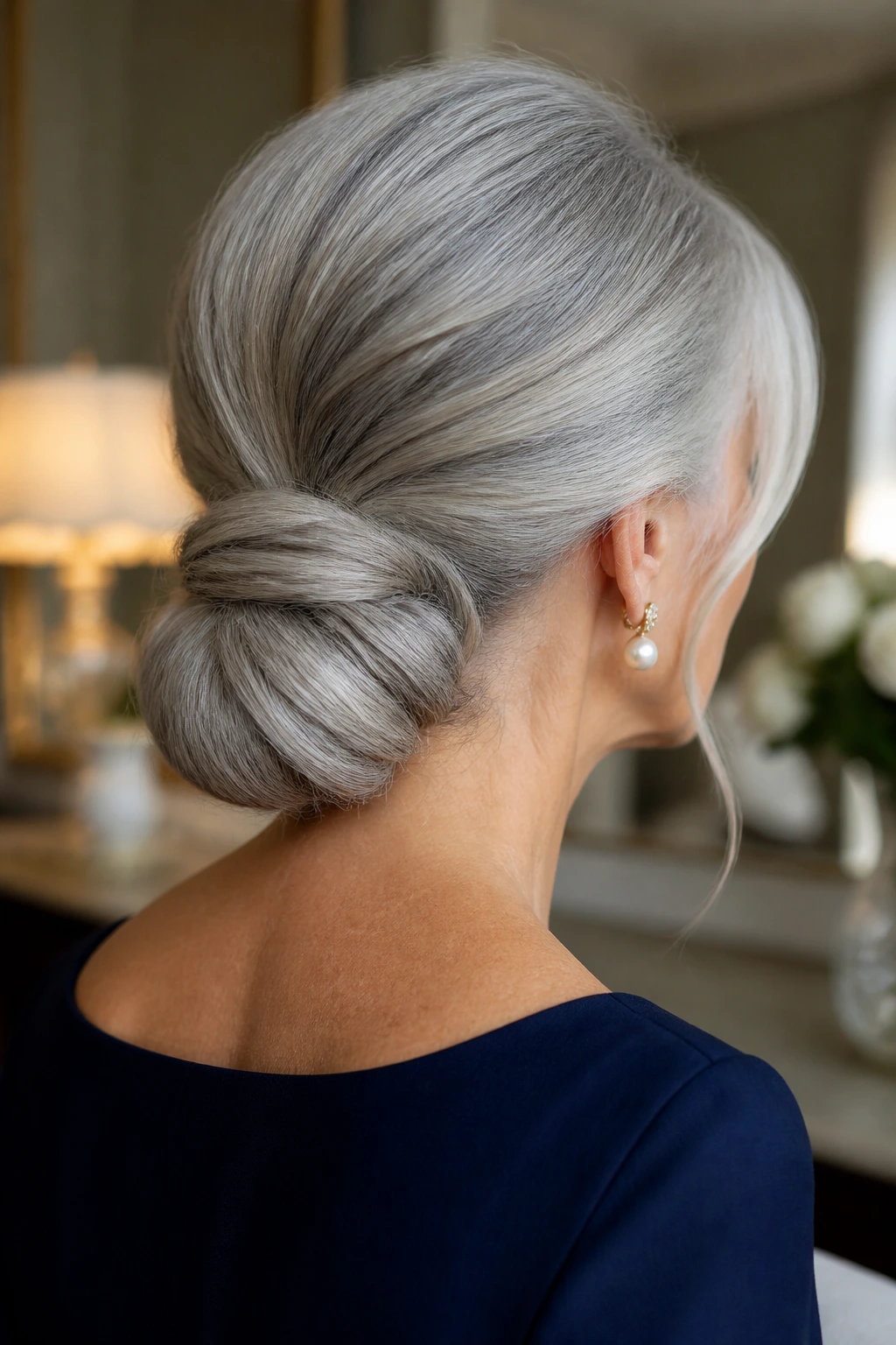 Three-quarter back view of a woman in a low chignon with wrapped base