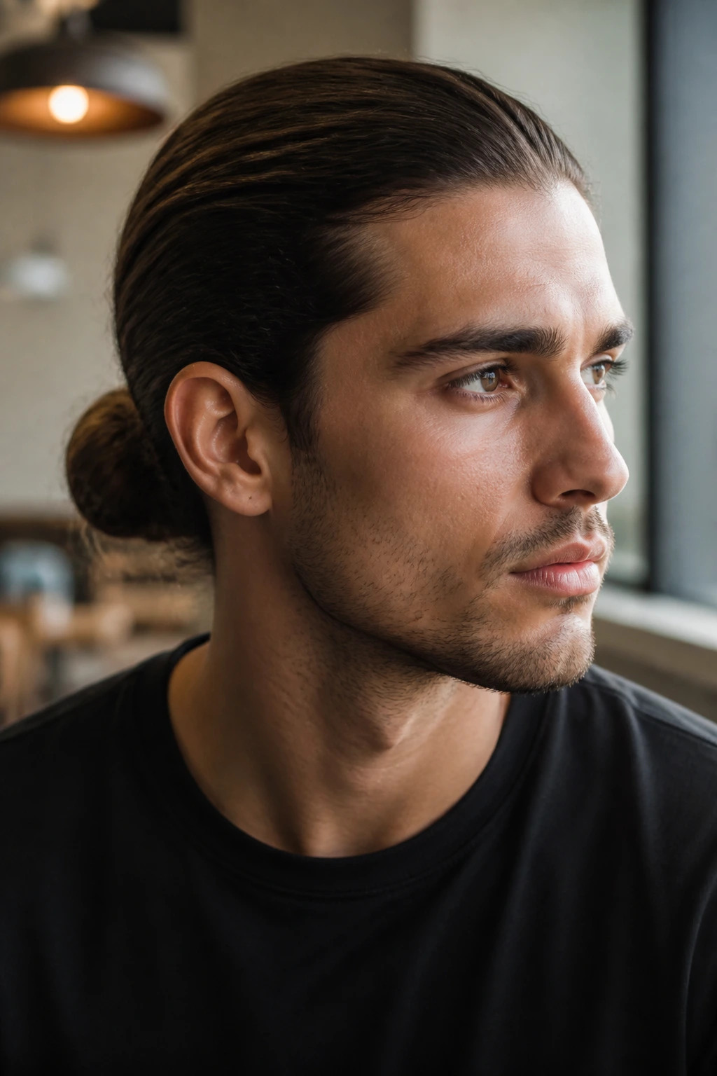 Man with a low clean bun at the nape in a cafe setting