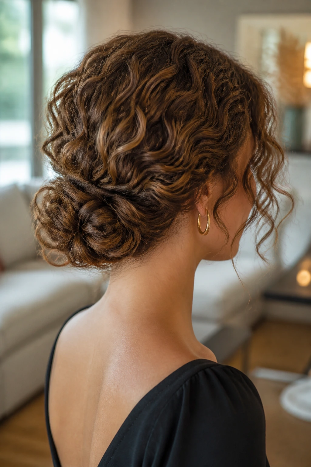 Back/side portrait of a woman with a low coil chignon at the nape.