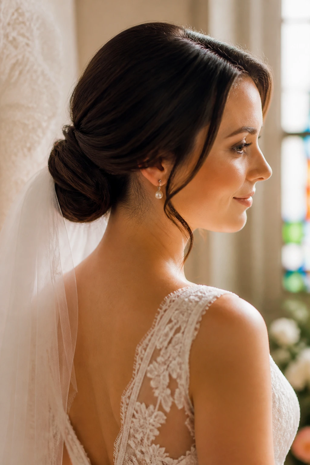 Bride with veil-friendly low coil hairstyle