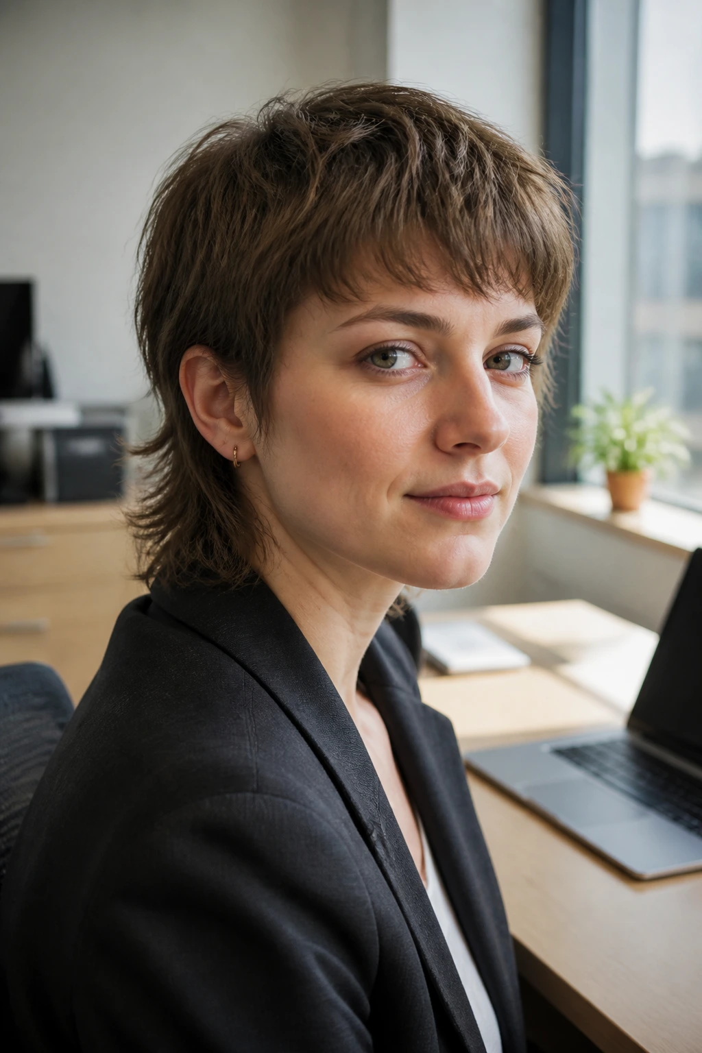 Close-up portrait of a person with a low-contrast office mullet in natural window light
