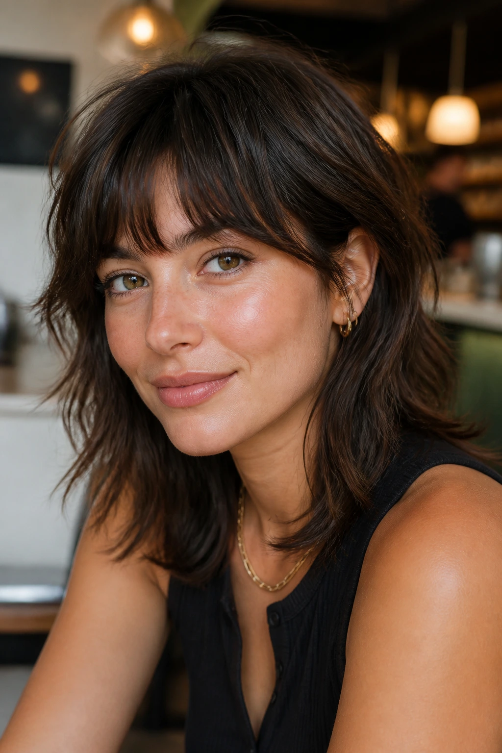 Close-up portrait of a woman with a low-contrast wolf cut hairstyle