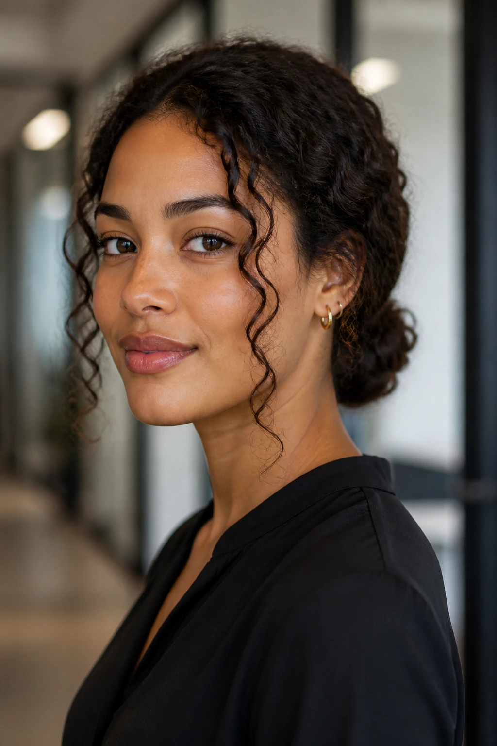 Portrait of a person with a low curly bun and loose face pieces in a work environment