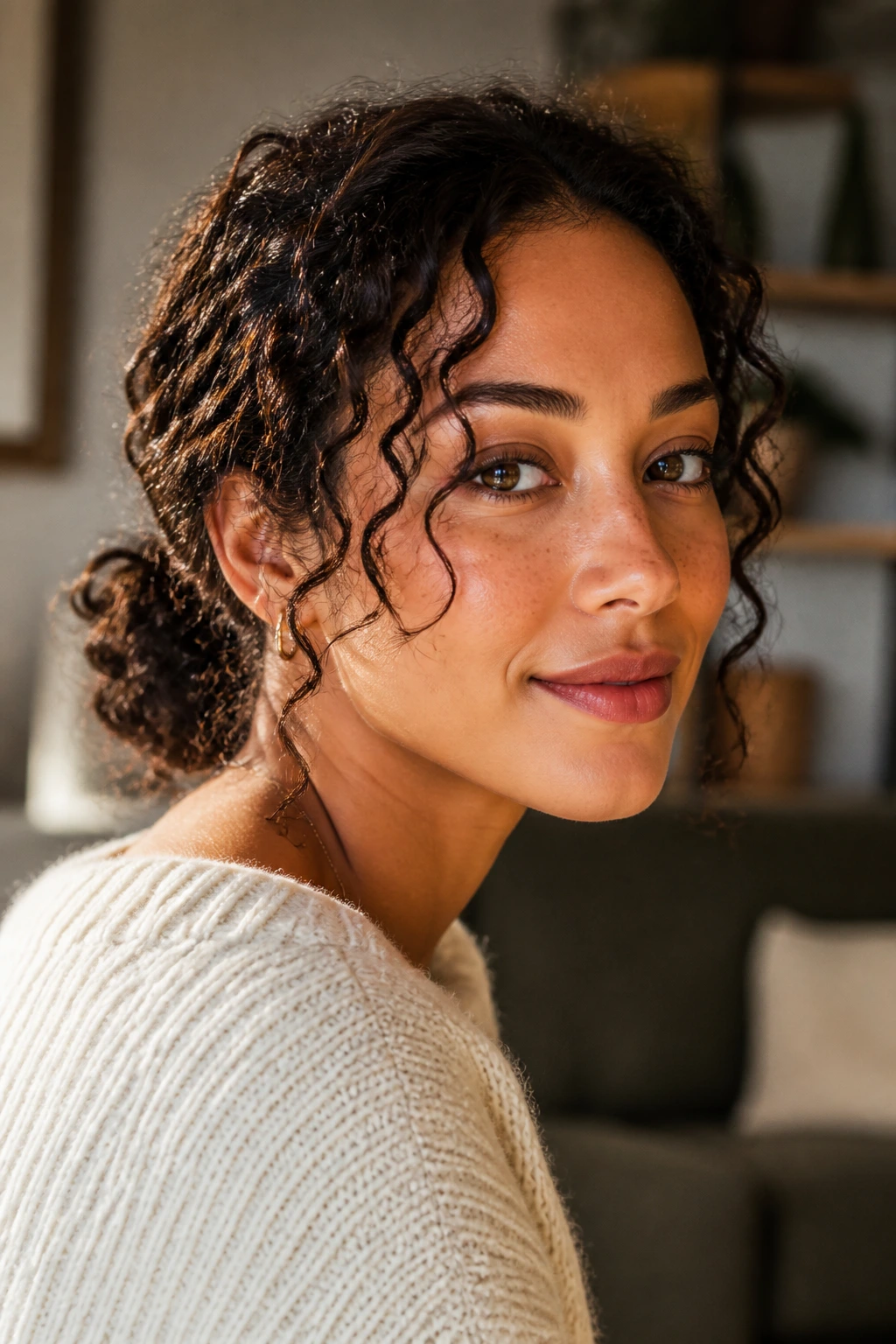 Close-up of woman with low curly bun and soft face-framing curls.