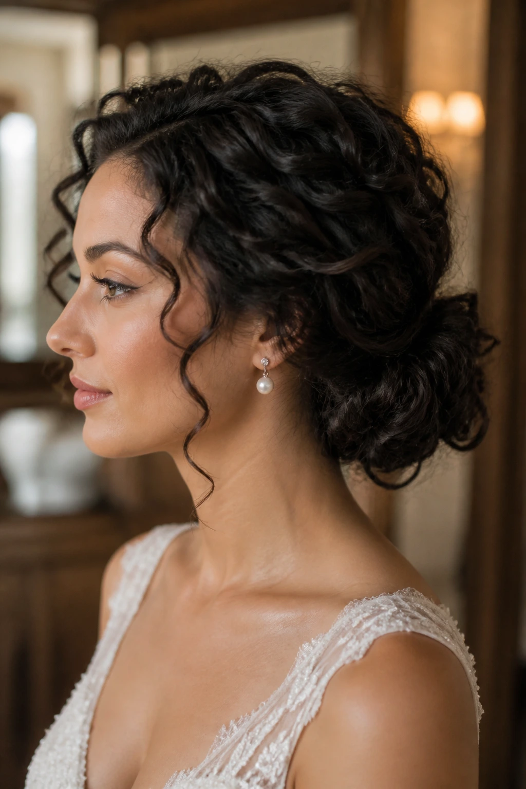 Close-up of a real woman wearing a low curly chignon