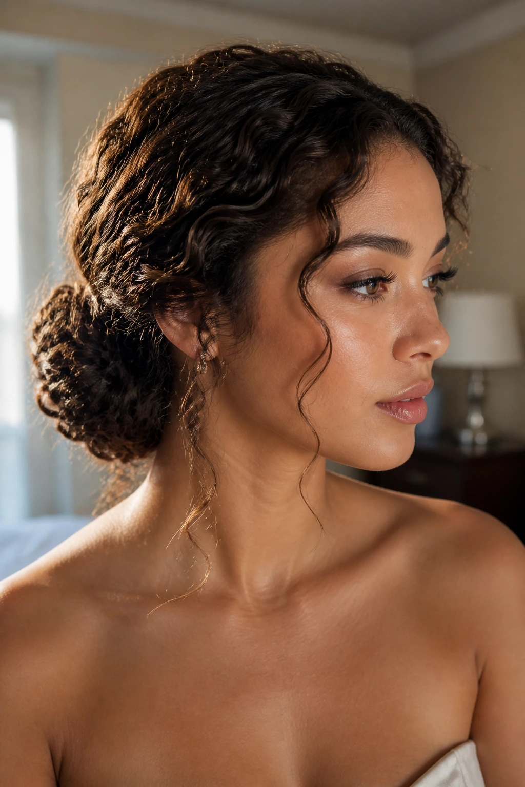 Close-up of a real woman with a low curly chignon and pinned tendrils in warm window light
