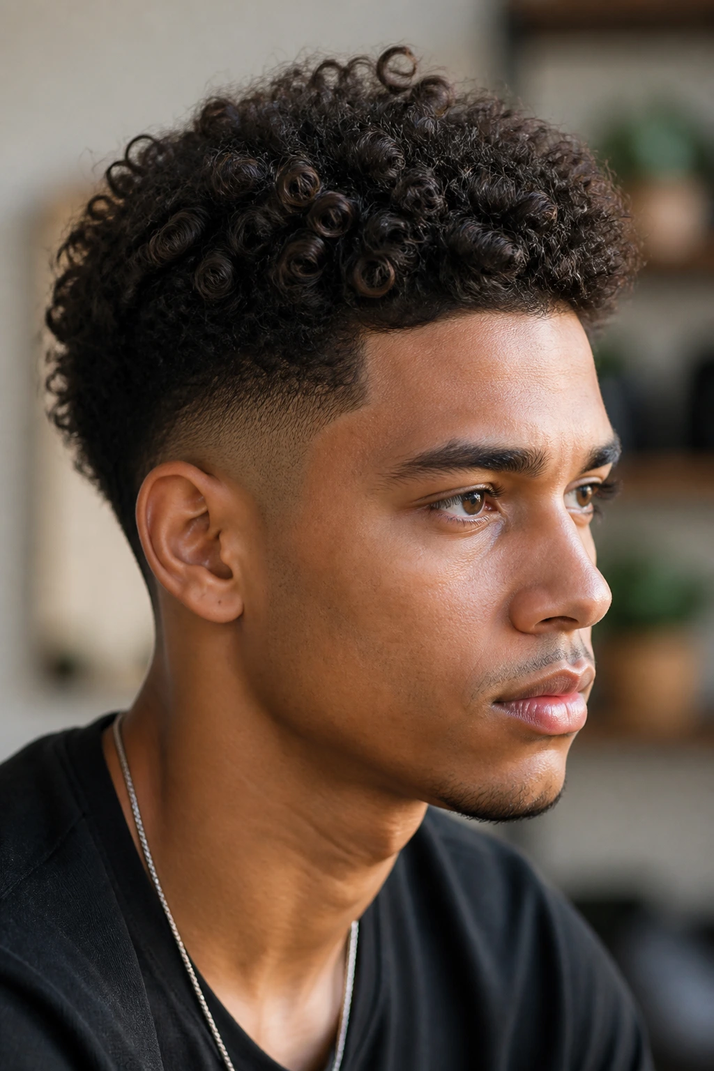 Close-up of a real person with a low curly fade and soft temple blend at the ears