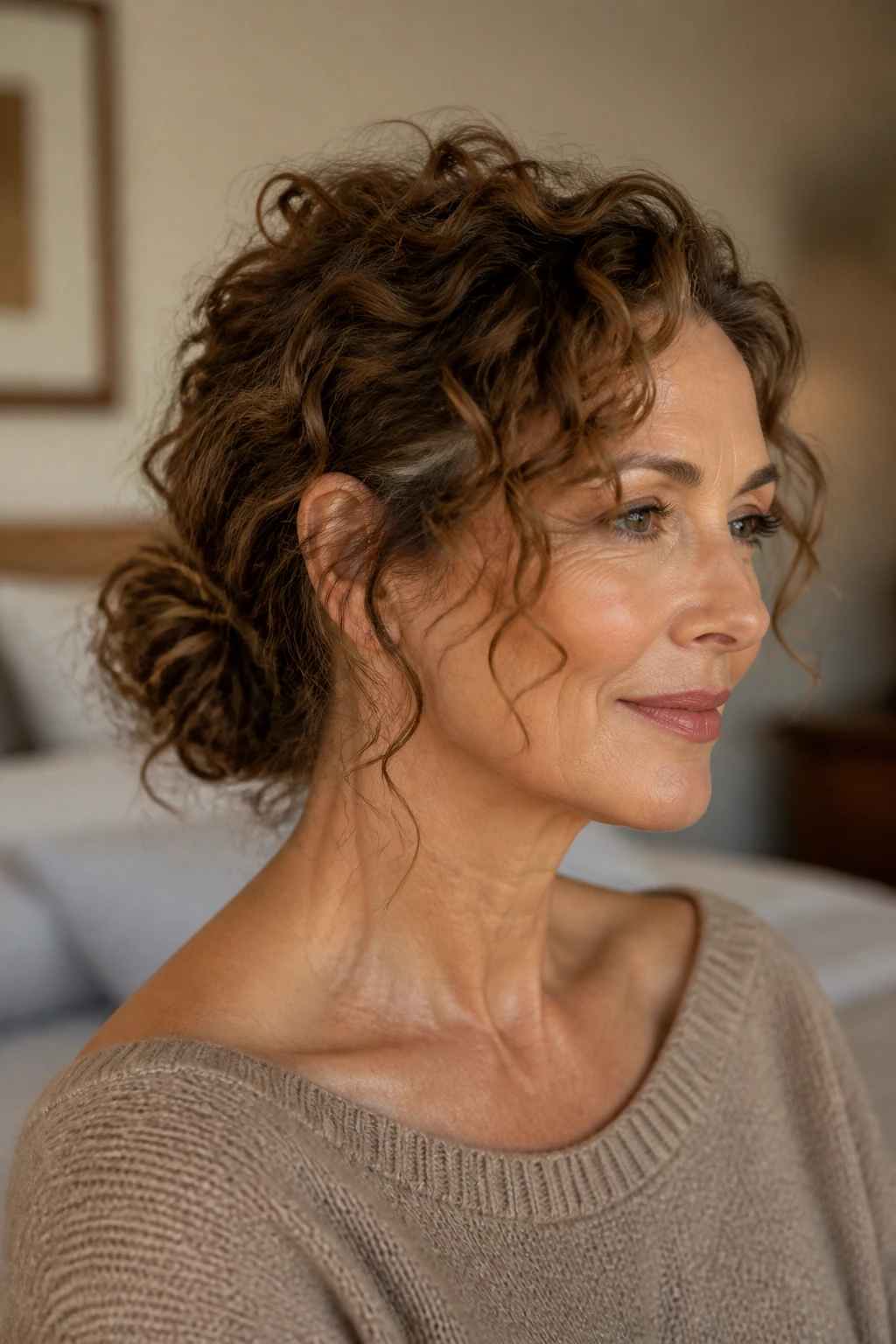 Woman with a loose low curly knot and face-framing tendrils.