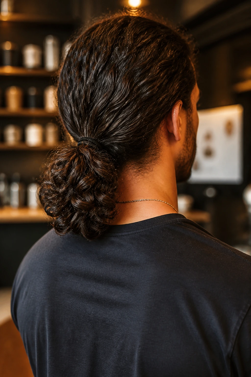 Back-of-head portrait of man with a loose low curly ponytail at the nape.