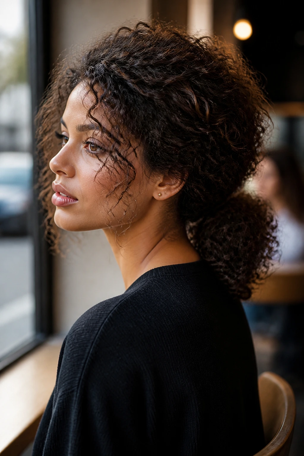 Head-and-shoulders portrait of a woman with a low curly ponytail and crown volume