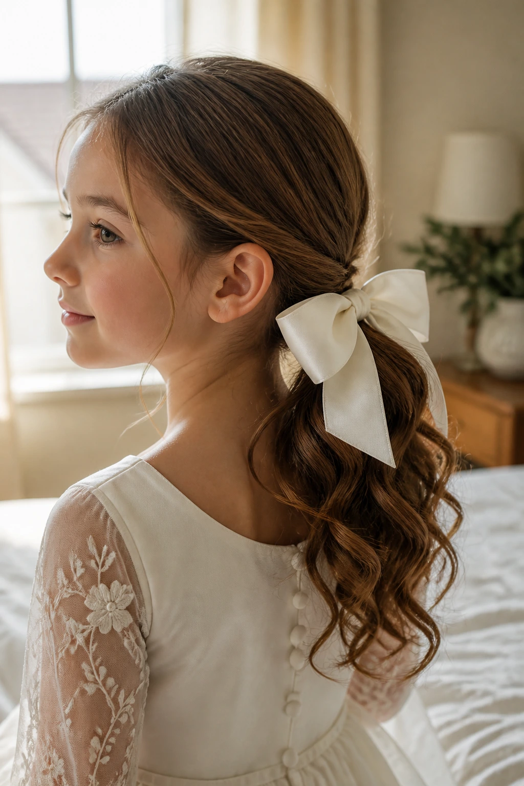 Close-up of a young girl with a low curly ponytail and a wide satin bow at the nape in warm daylight