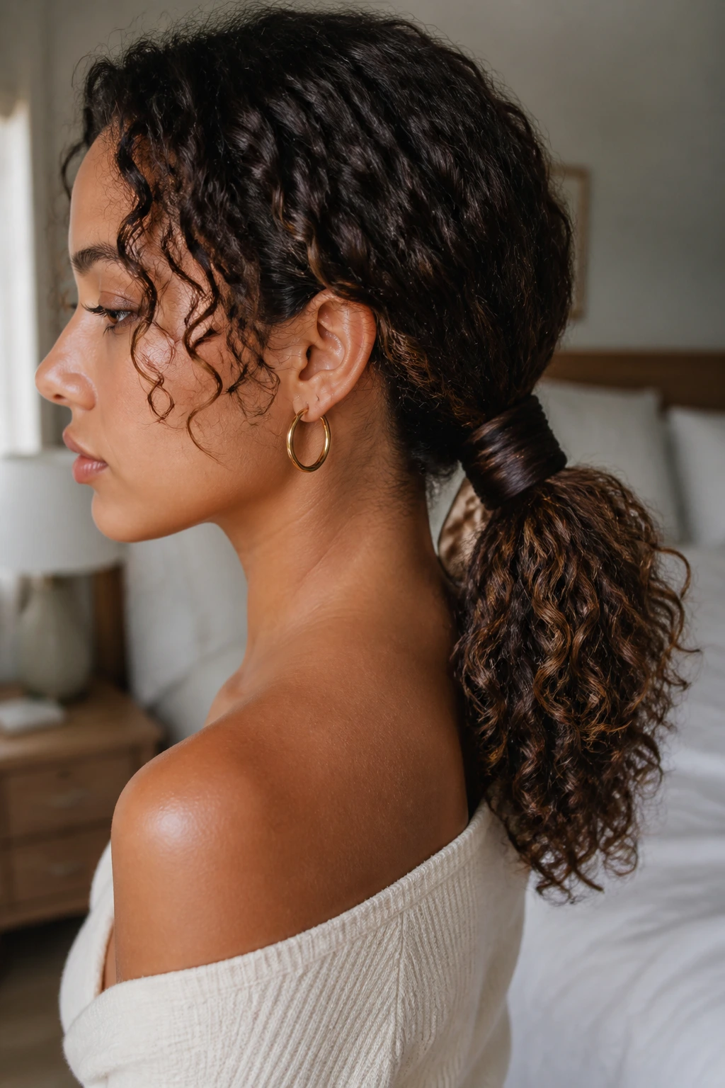 Close-up of a real woman with a low curly ponytail and wrapped base in soft window light.