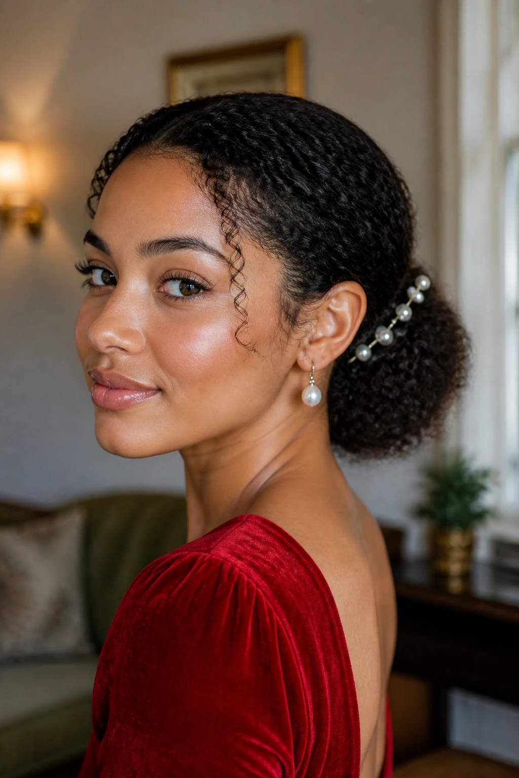 Low curly puff with pearl pins on a real person