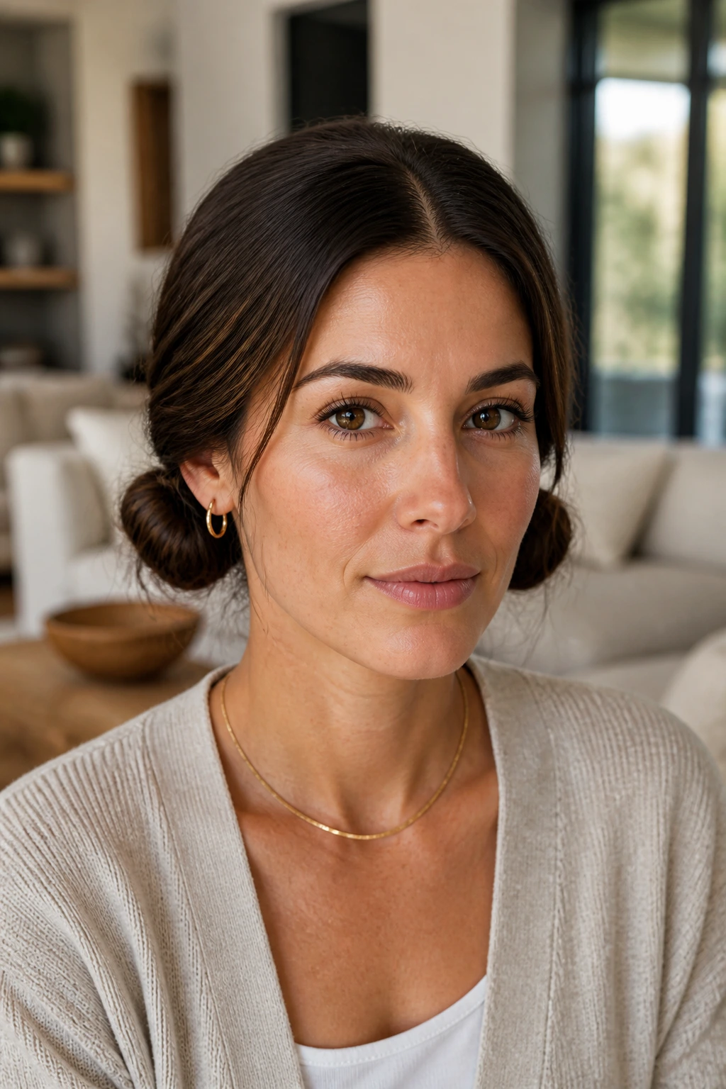 Close-up portrait of a real woman showing two neat low buns at the nape of the neck