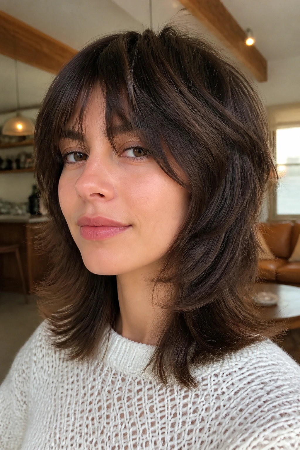 Portrait of a real woman with fluffy-ended shag mullet in warm light