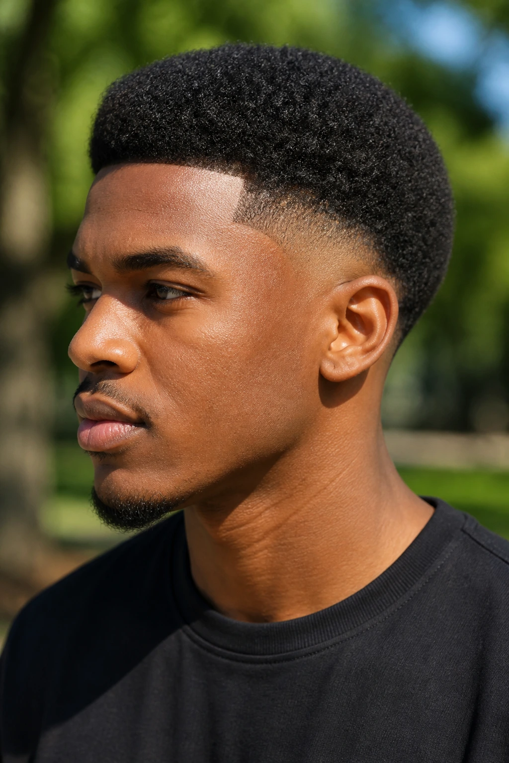 Close-up of a man with a low drop fade and short Afro