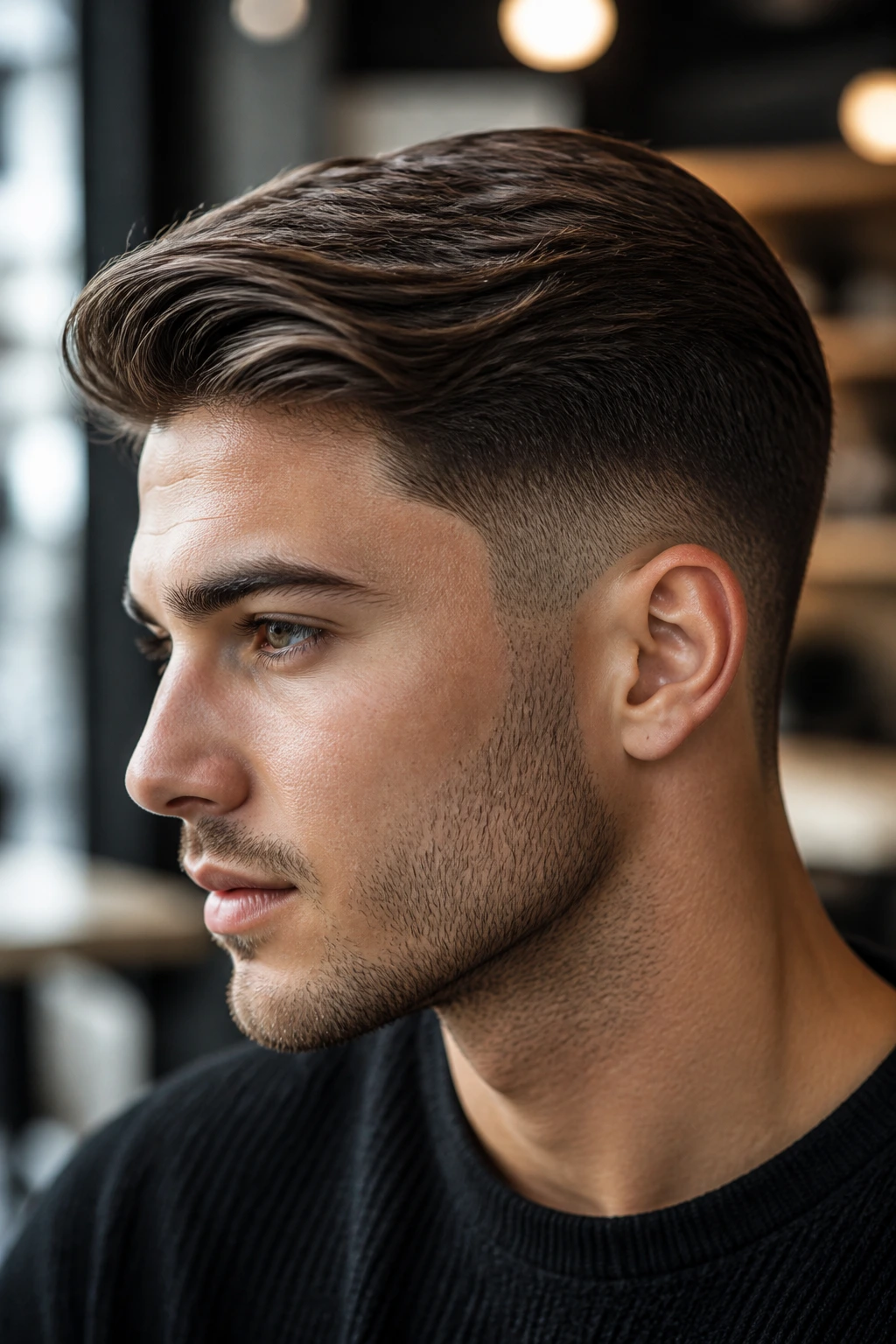 Close-up of a man with low drop fade and side-swept top