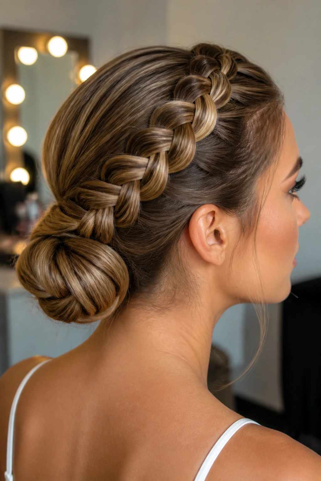 Close-up of a real woman with a Dutch braided low chignon at the nape.