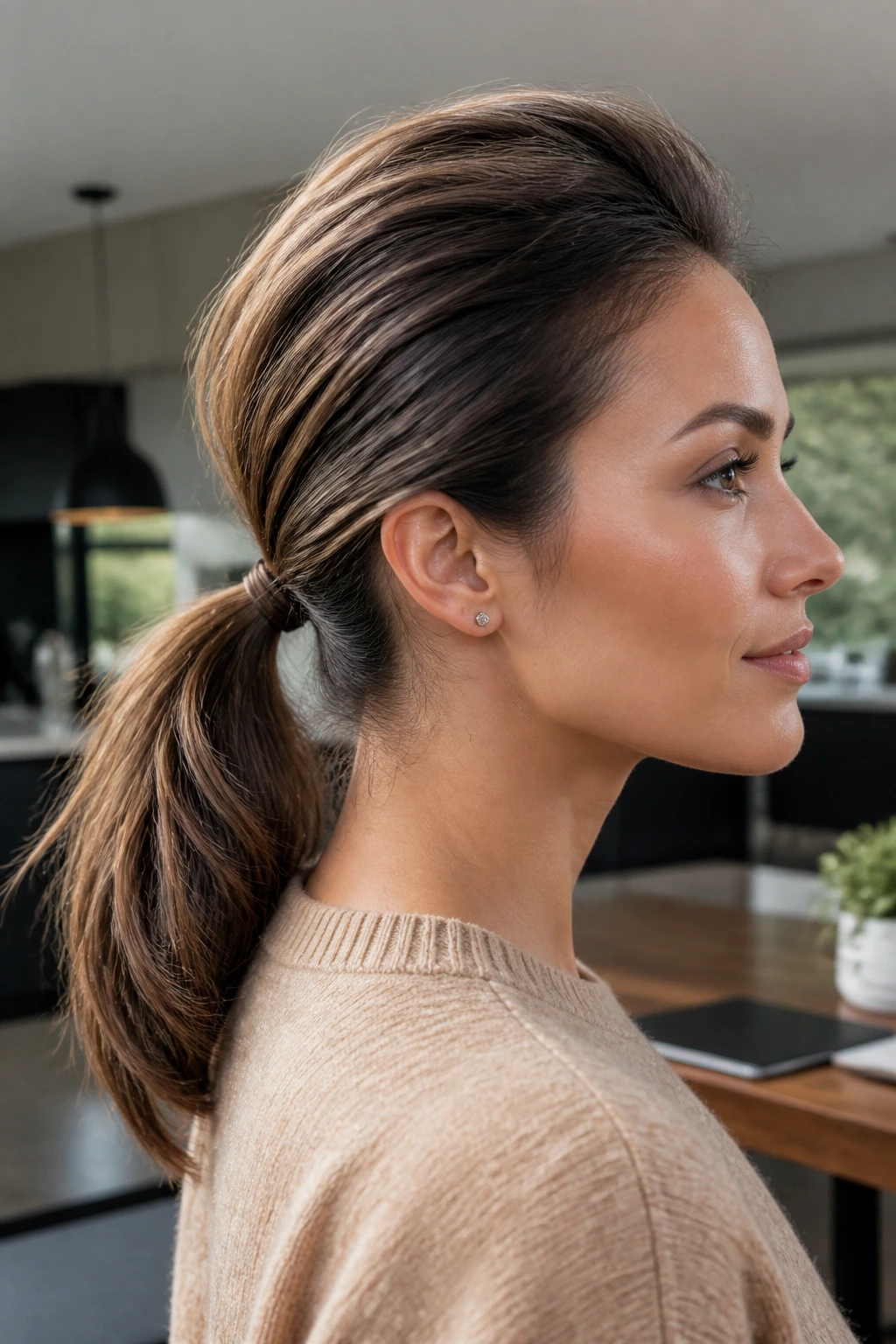 Close-up of a real woman with a low-elastic lifted ponytail under daylight