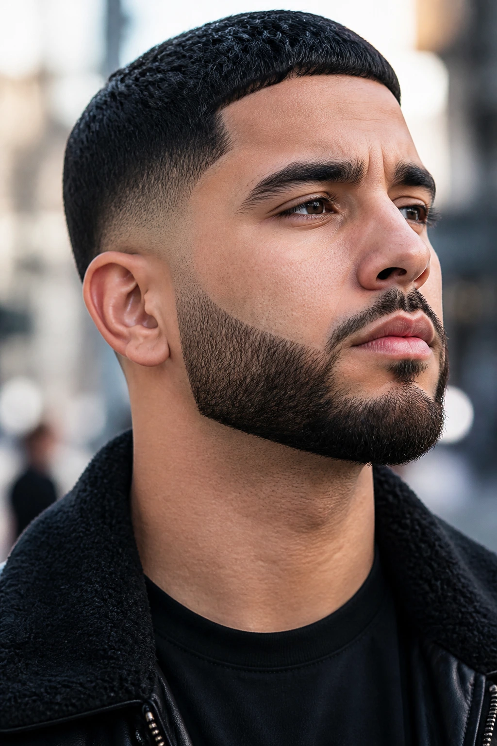 Close-up of a man with a low fade beard, sharp jawline in natural daylight