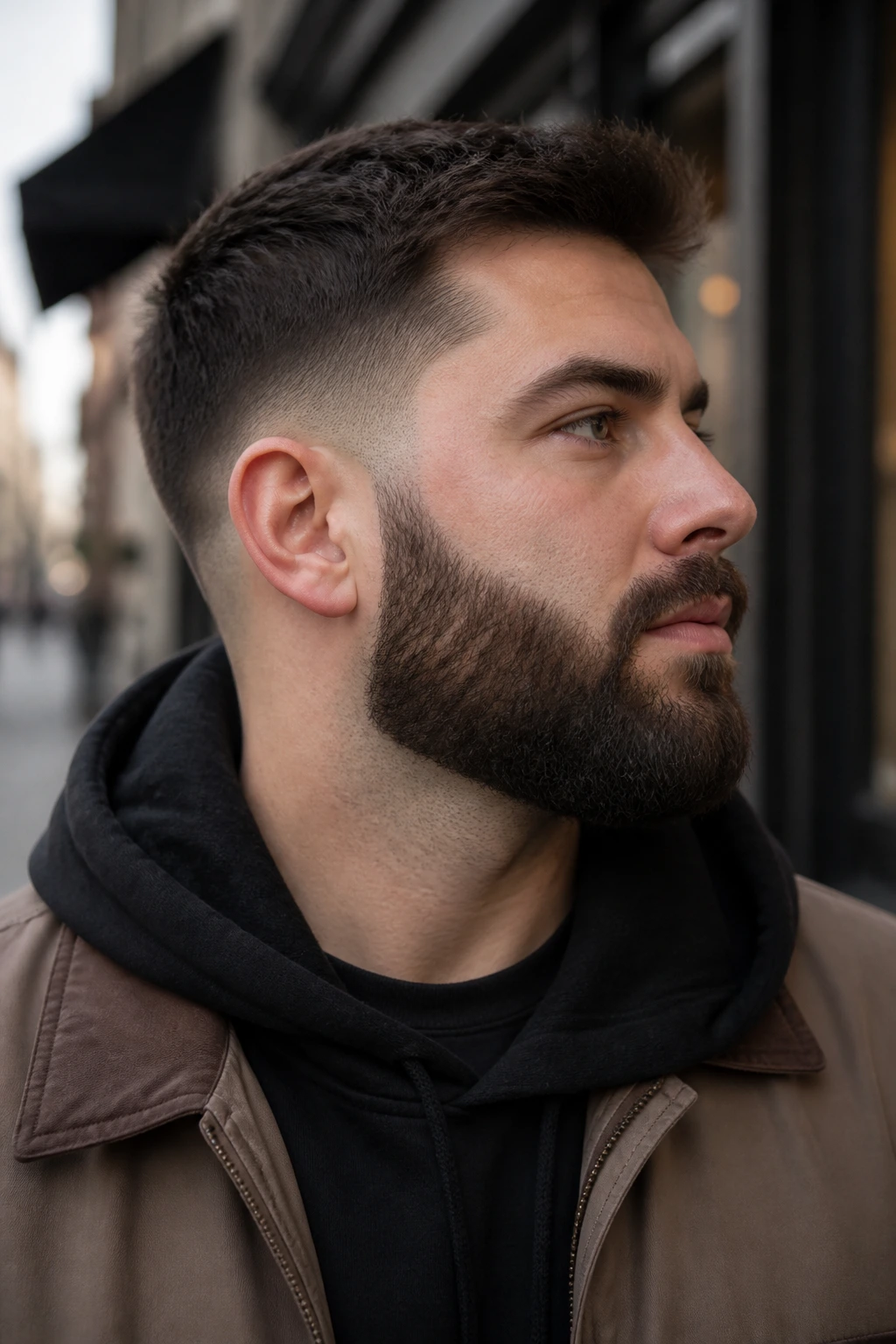 Close-up of a man with a low fade beard and thick facial hair in an urban setting
