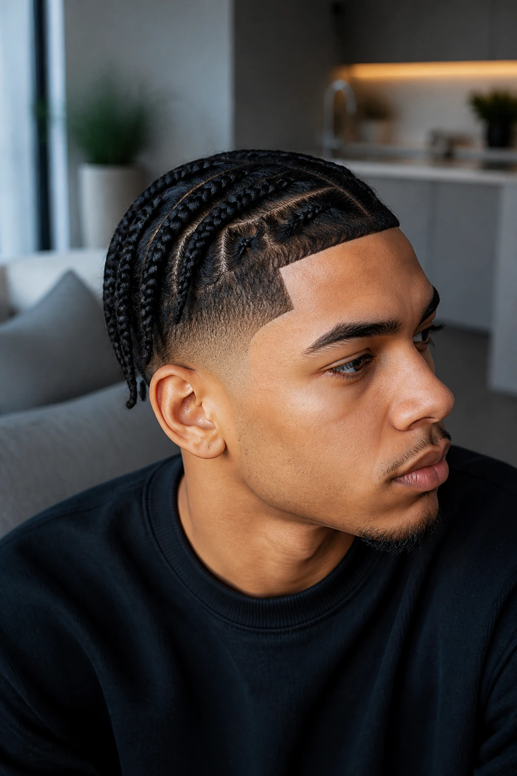 Front portrait of a person with low fade, box braids, and crisp edge-up