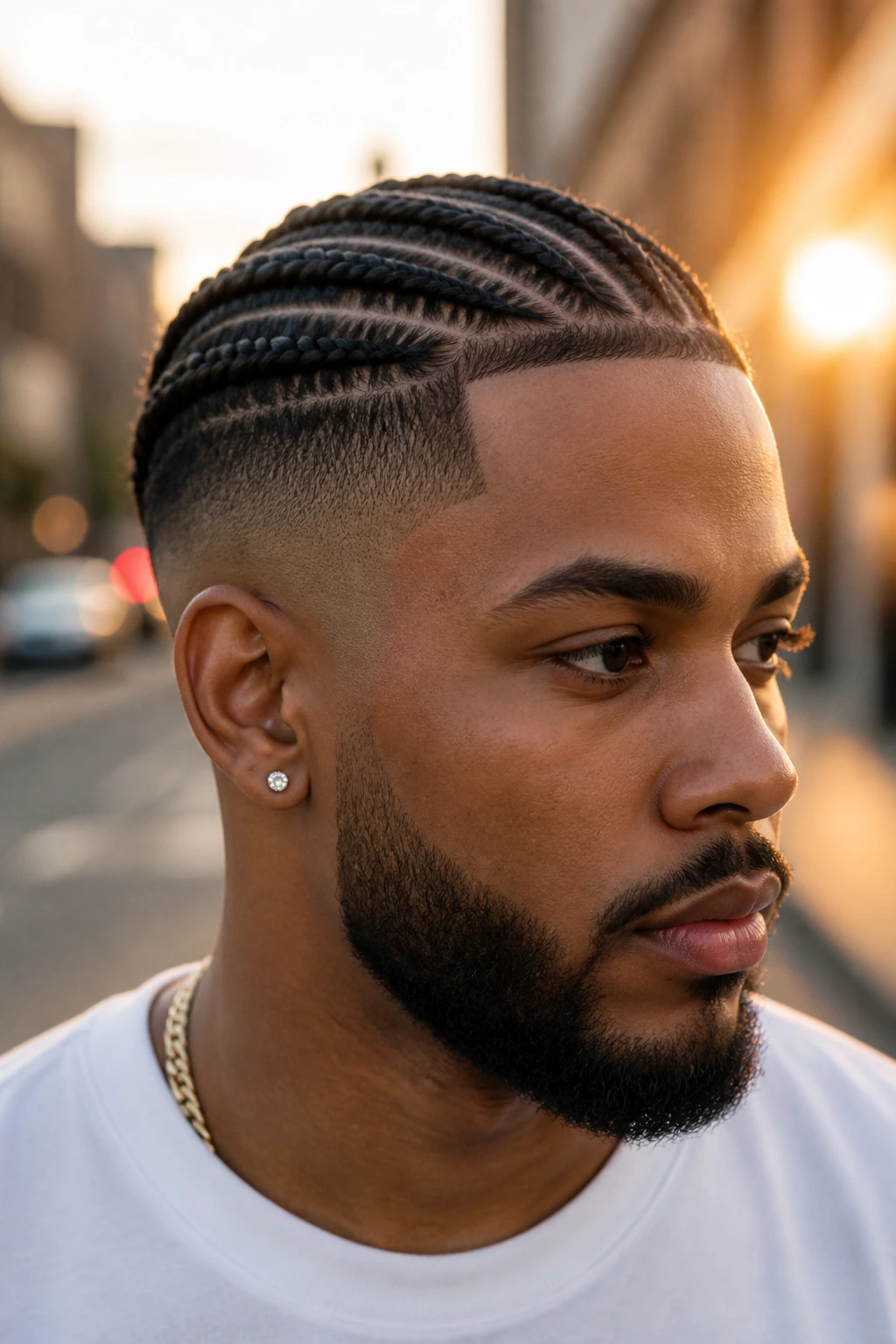 Close-up of a man with braids and a low fade perimeter