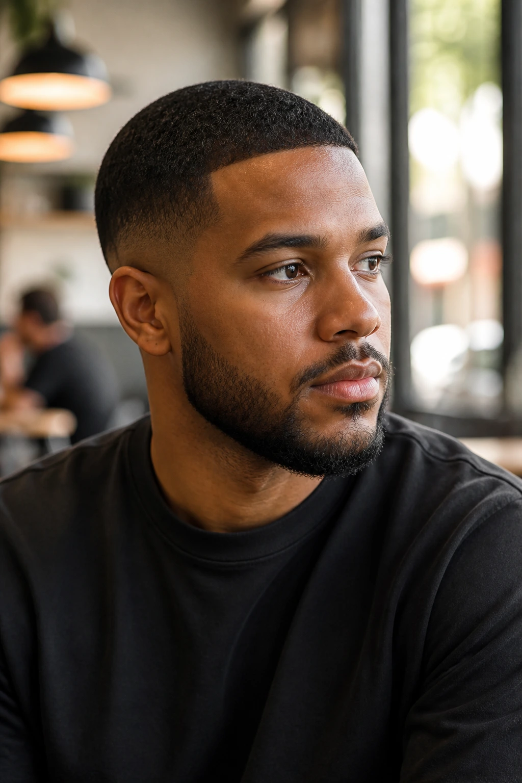 Close-up portrait of a Black man with a low fade buzz, top fuller, cafe setting.