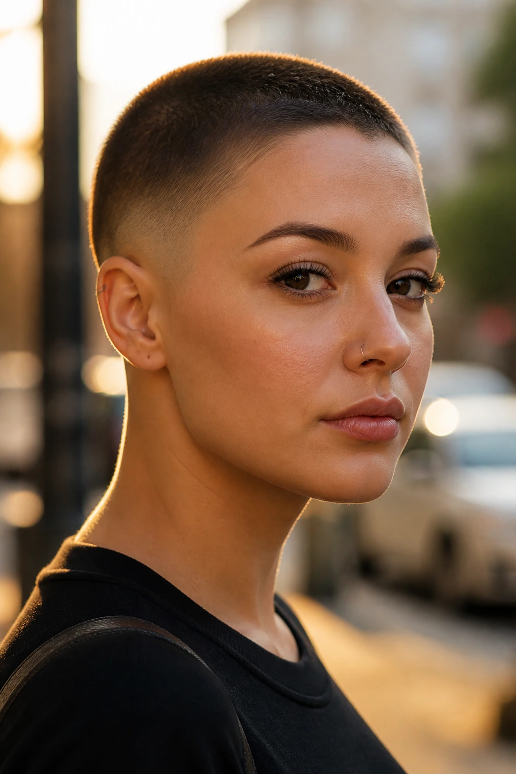 Close-up portrait of a real woman with a low fade buzz cut on an urban street at golden hour