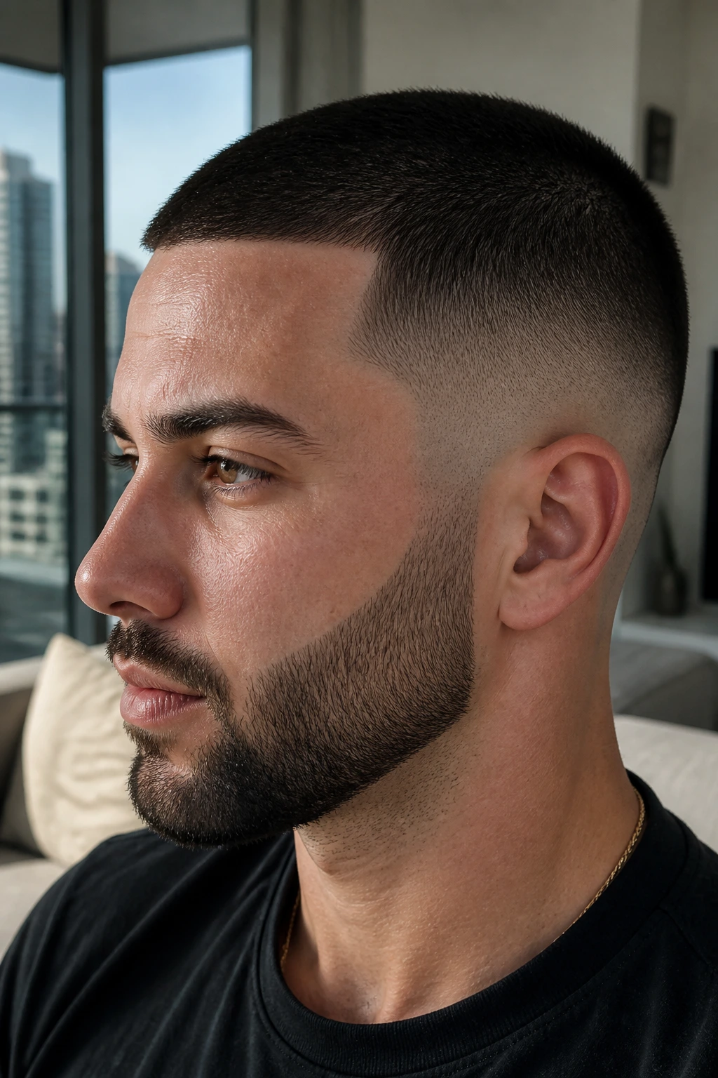 Man with low fade buzz cut and blended beard in a modern interior