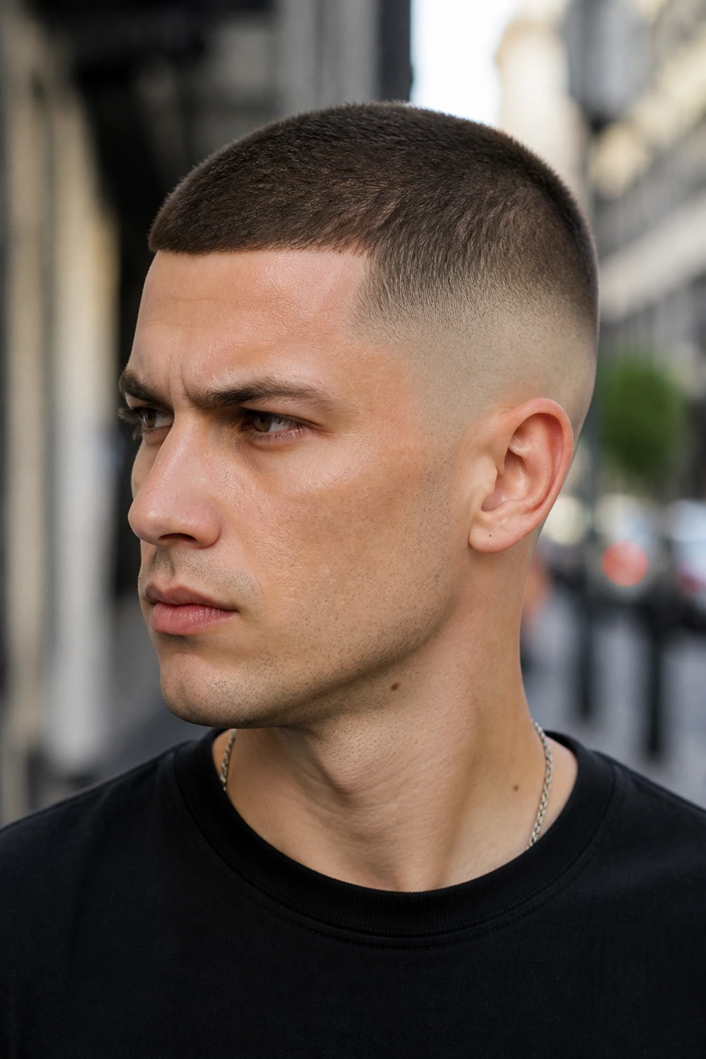 Man with low skin fade and buzz cut in urban setting
