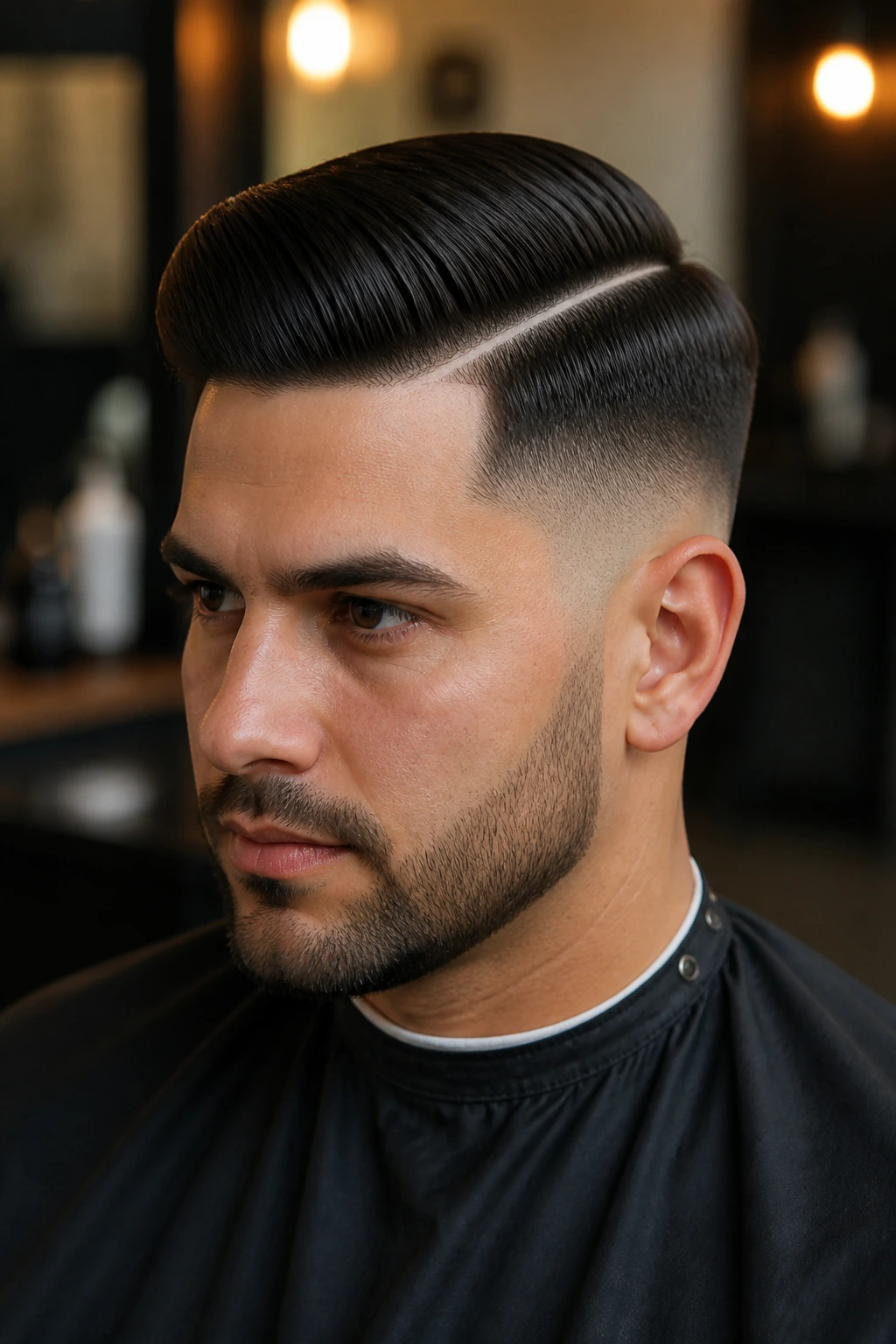 Close-up of man with low fade and hard part comb over.