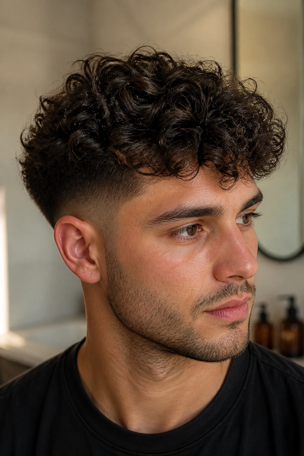 Close-up portrait of a man with a low fade and loose curls on top in warm window light.