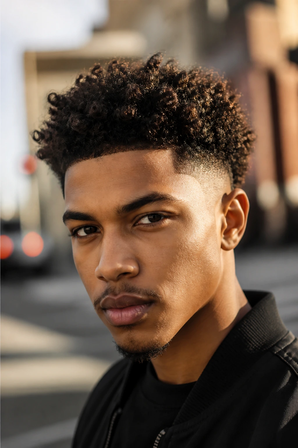 Close-up portrait of a real person with a low fade and freestanding curls