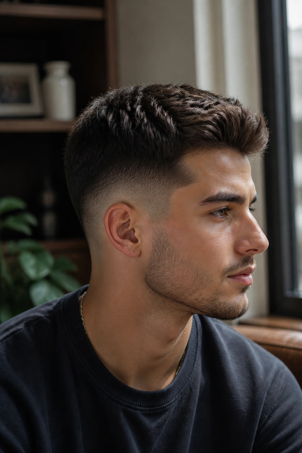 Portrait of a man with a low fade and textured top.