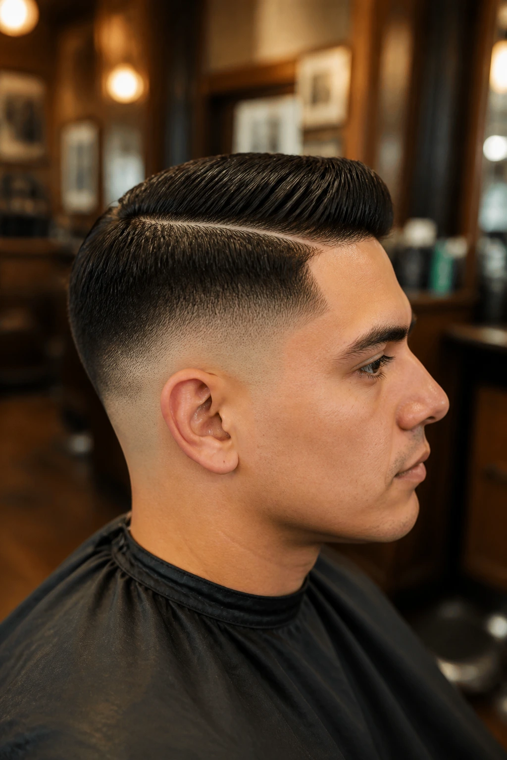 Profile portrait of a man showing a low fade with a sharp hard part.