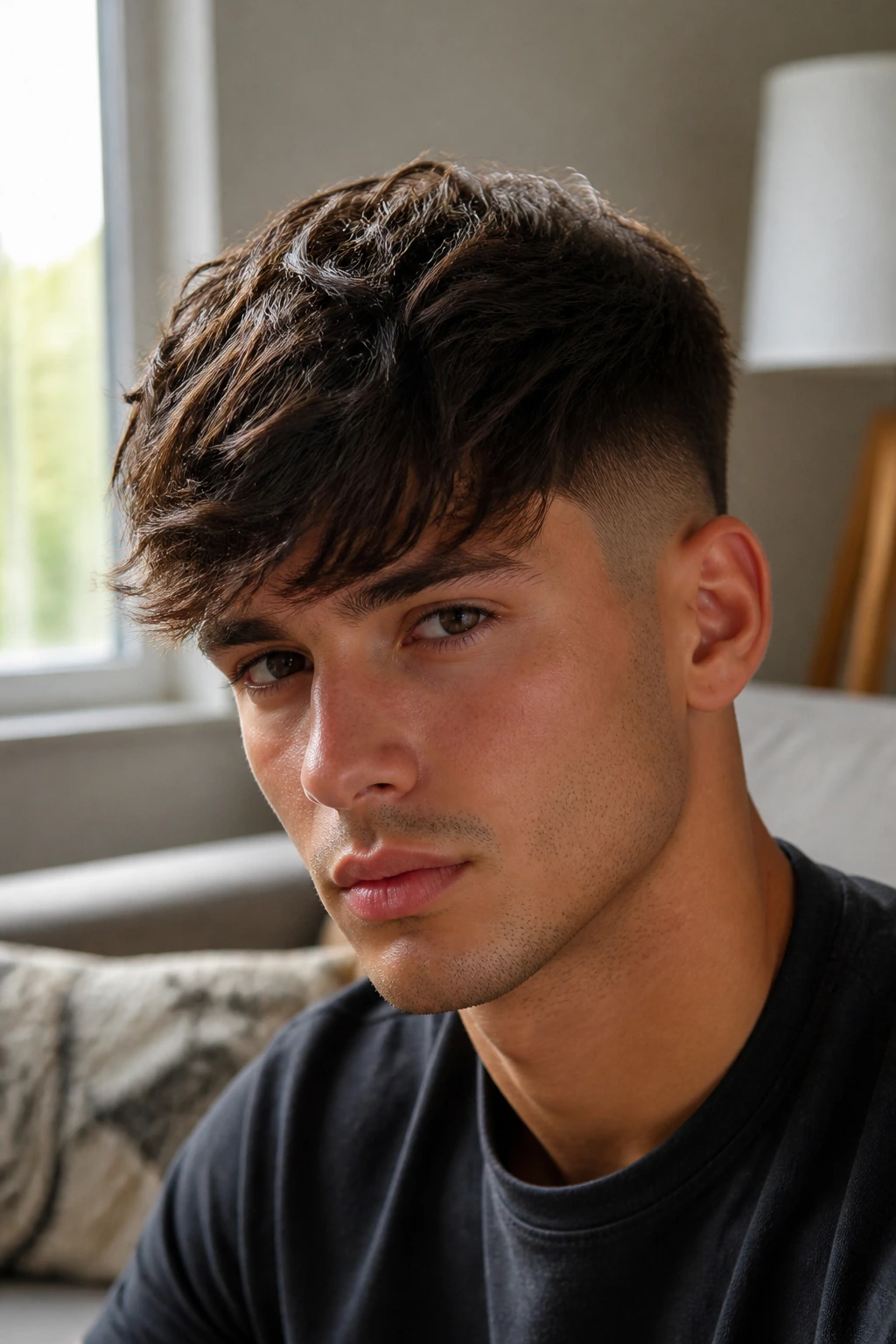 Man with long fringe and low fade.