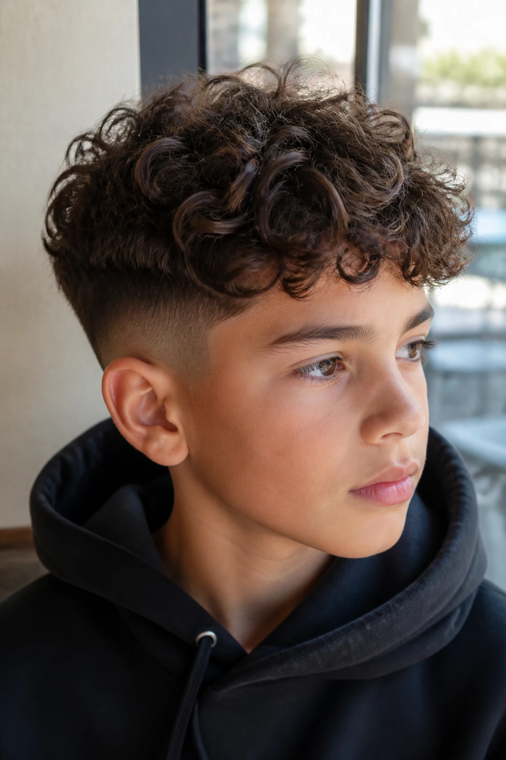 Close-up of a real boy with Low Fade with Loose Curls by a cafe window