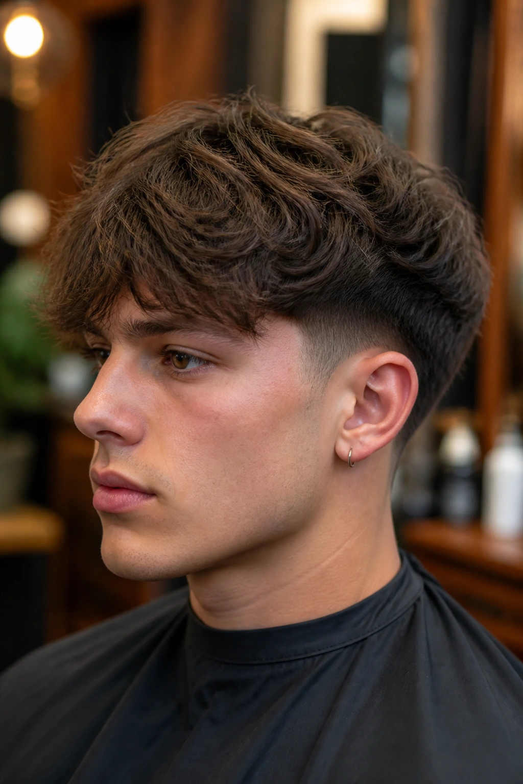 Close-up of a man with a layered mop top and low fade in a barbershop setting