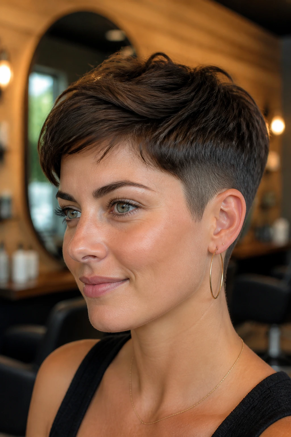 Close-up of a woman with a low fade pixie and soft edges around the ears.