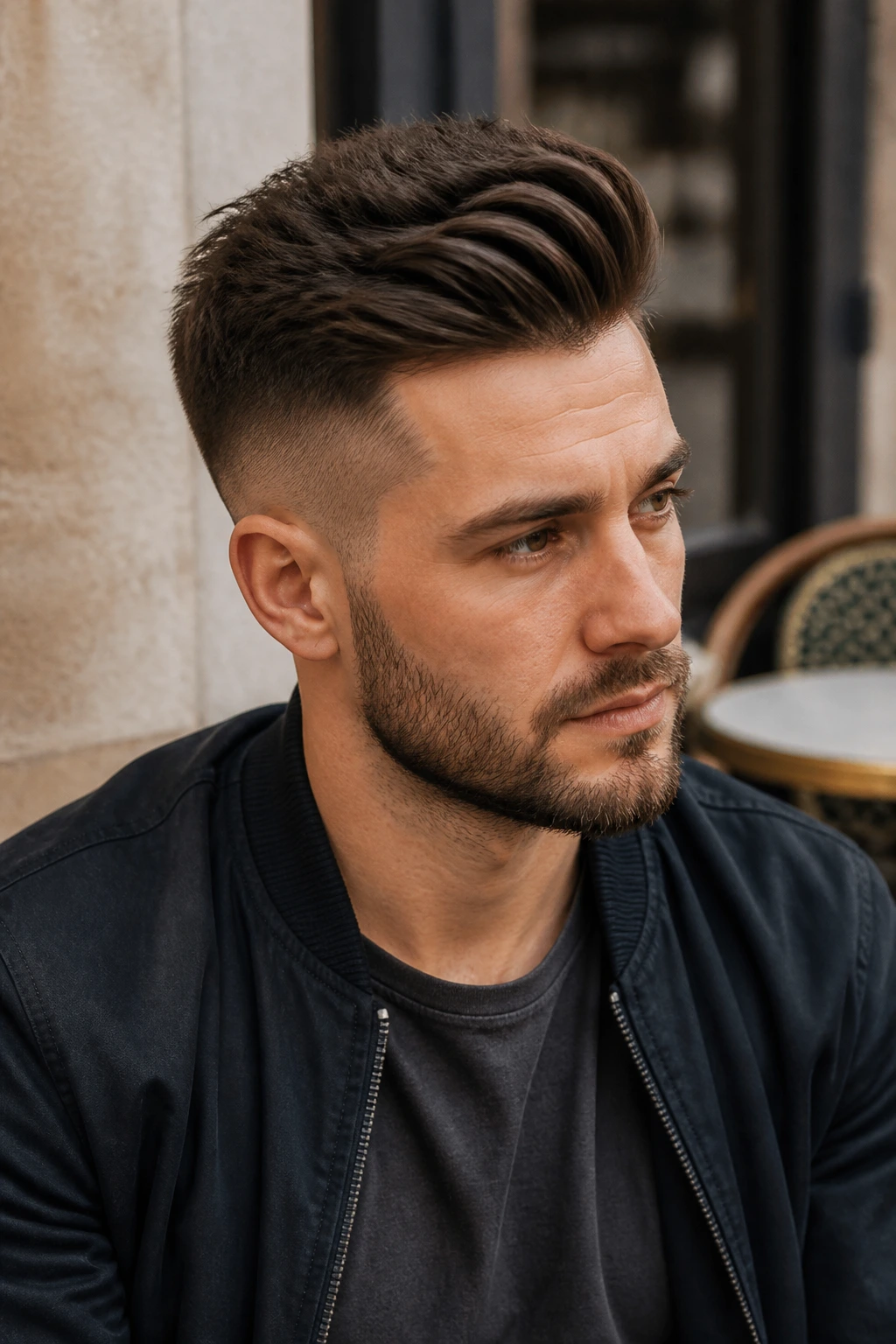 Close-up of a man with low fade quiff in daylight