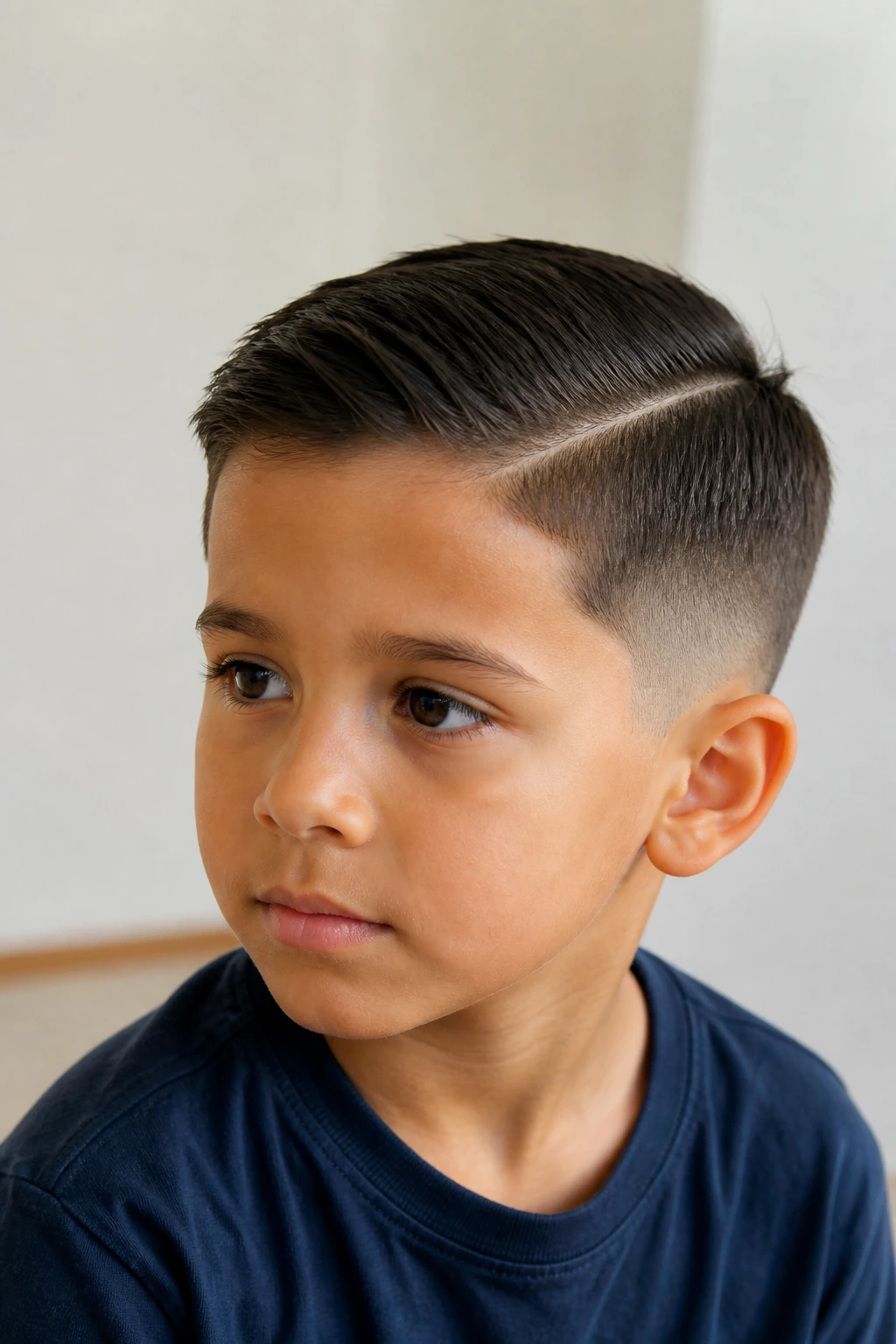 Close-up of a real boy with a low fade and side part.