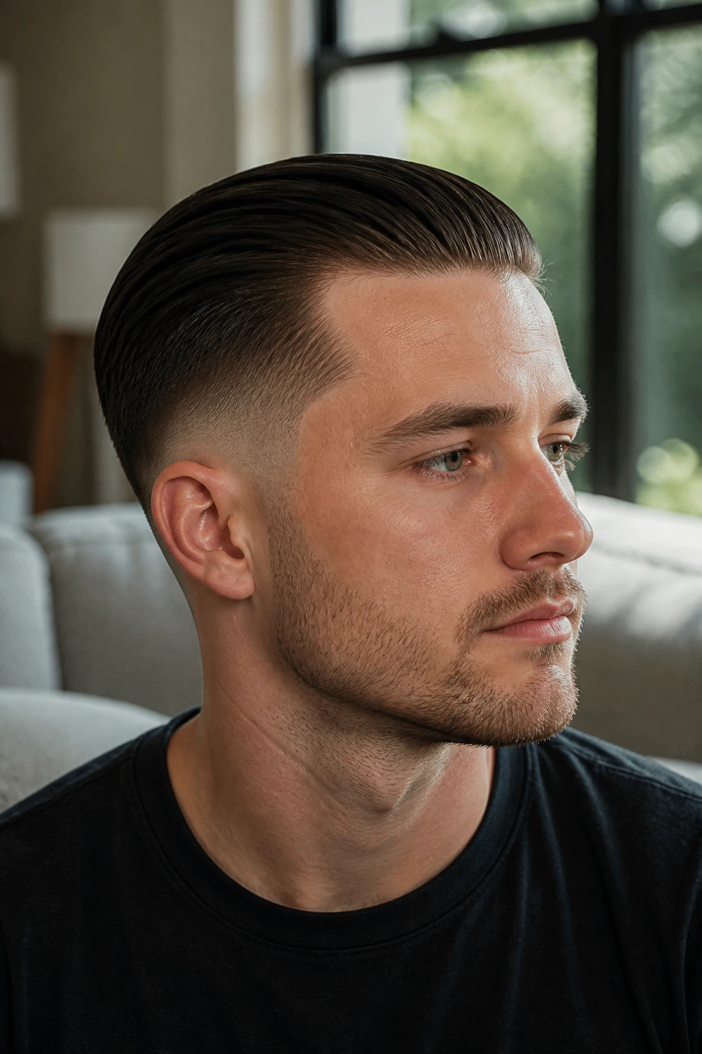 Portrait of a man with a low fade and slicked-back top in a bright living room