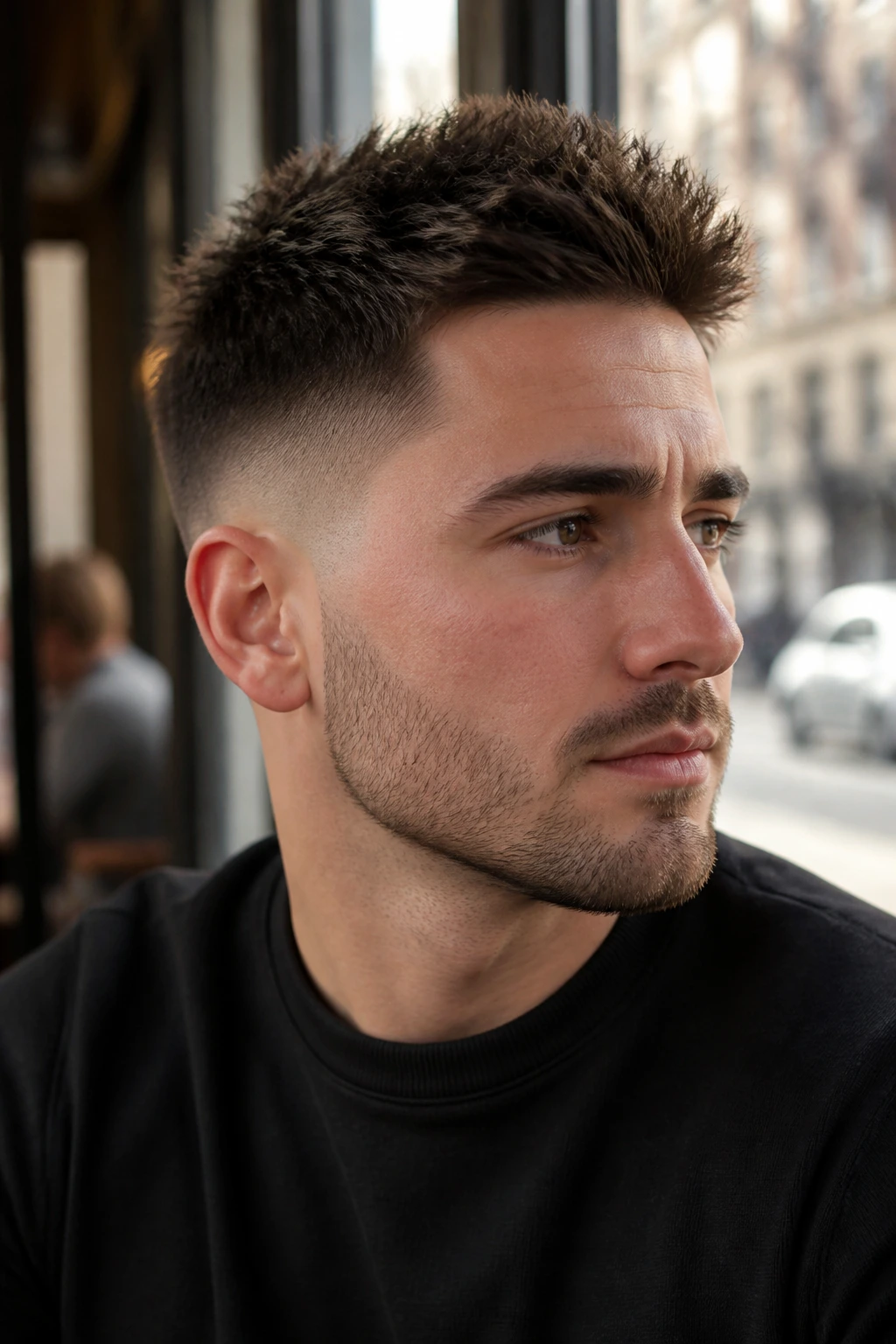 Medium close-up of a man with a low fade and soft spikes in a cafe setting
