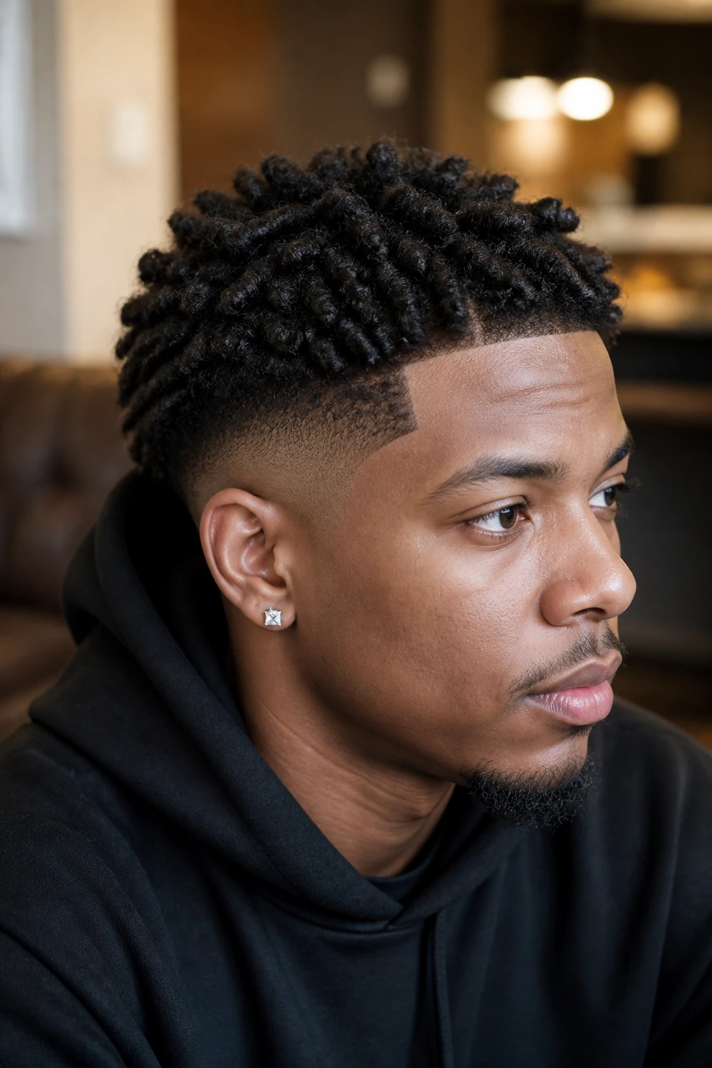 Close-up portrait of a man with low fade and sponge twists hairstyle