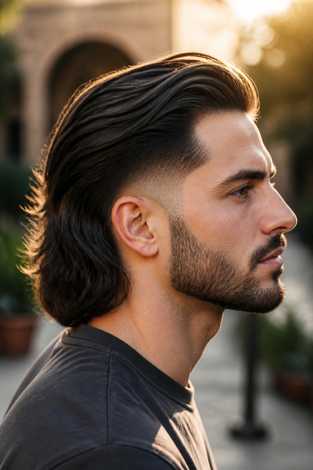 Side-profile portrait of a real person with a low fade blending into long hair, showing a gentle undercut transition.