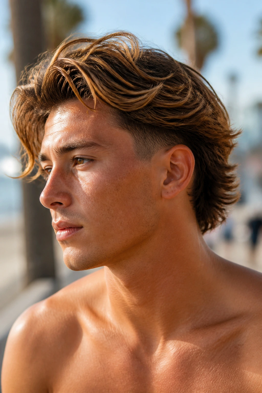 Close-up of man with waves and low fade on beach boardwalk light